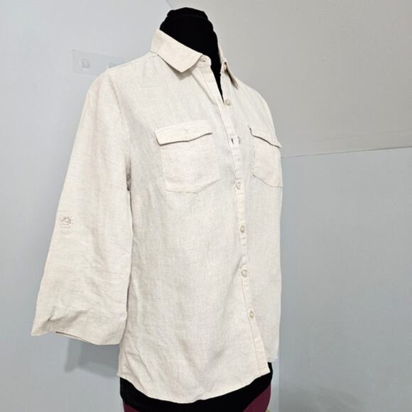LINEN Button Front 3/4 Roll Tab Sleeves Chest Pocket Neutral Top PM - Picture 2 of 9